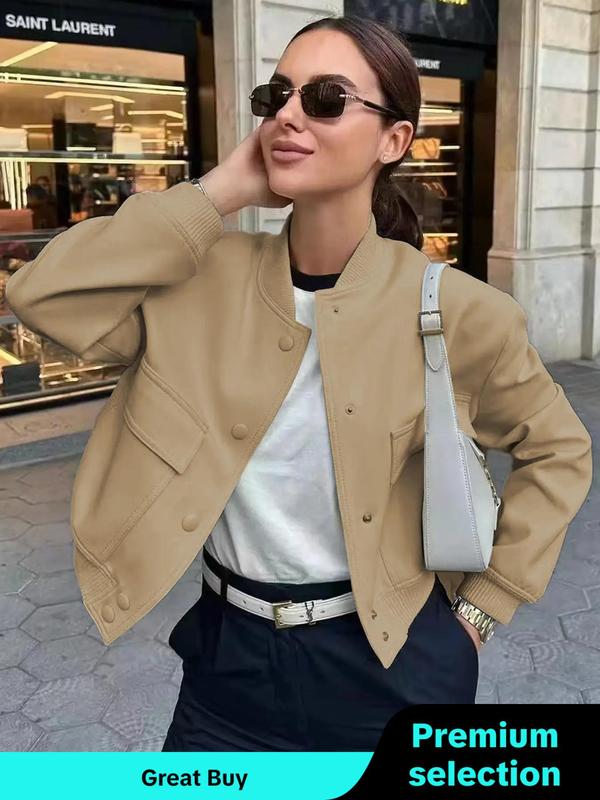 Women's Plain Pocket Button Front Stand Collar Jacket, Winter Jackets, Casual Tops, Drop Shoulder Long Sleeve Outerwear for Fall & Winter, Jackets for Women, Ladies Clothes for Daily Wear