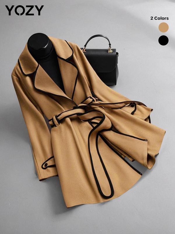 YOZY Christmas Deals, Women's Contrast Binding Belted Overcoat, Casual Long Sleeve Lapel Neck Coat for Fall & Winter, Women's Clothing for Daily Wear, Christmas 2024 Trend, Fall & Winter Clothes