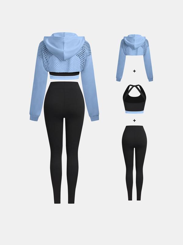 YOZY Three-Piece Set Women's Solid Color Hollow Out Crop Hoodie & High Waist Leggings & Colorblock Crop Tank Top, Casual Fashion Cozy Breathable Outfits for Daily Outdoor Wear, Sweatsuit Set Outfit, Ladies Clothes for All Seasons