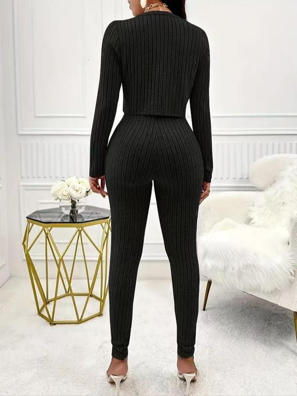 Two-piece Set Women's Solid Button Front Crop Top & Skinny Tube Jumpsuit, Casual Long Sleeve Round Neck Top & Jumpsuit for Daily Wear, Fall Sets, Ladies Two-piece Outfits for All Seasons