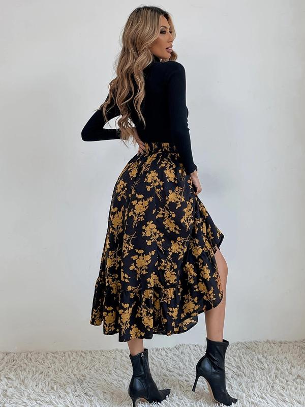 Women's Floral Print Elastic Waist A Line Vintage Skirt, Daily Skirts for Women, Elegant High Waist Midi Skirt for Vacation Holiday Party, Ladies Spring & Fall Clothes, Birthday Gifts