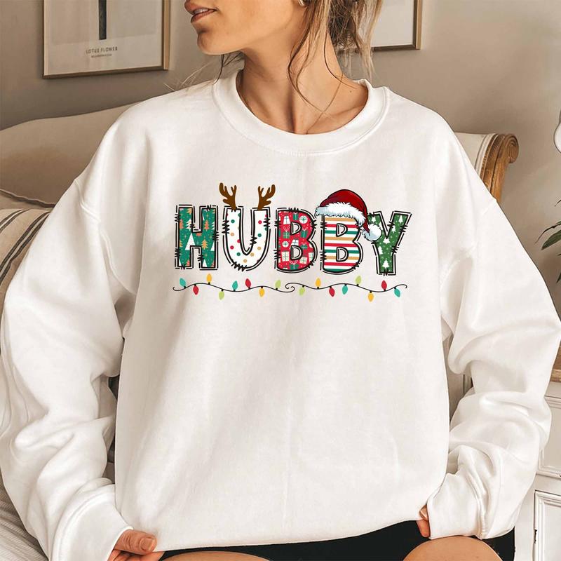 Christmas Couple Matching Sweatshirt, Wifey Hubby Christmas Crewneck Sweater, Christmas Theme Printed Mr and Mrs Jumper Fabric Womenswear Check Comfortable