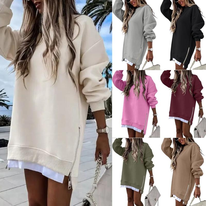 Womens Long Sleeve Pullover Sweatshirt Zipper Slit Casual Dress