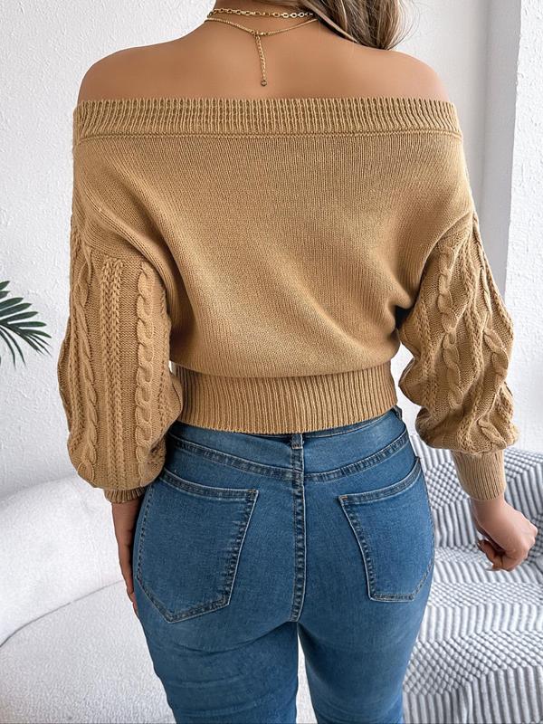 Women's Plain Off Shoulder Bishop Sleeve Sweater, Casual Long Sleeve Jumper for Fall & Winter, Fashion Ladies' Knitwear for Daily Wear