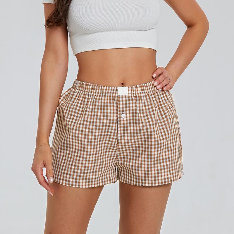 Women’s Plaid Print Shorts Elastic Low Waist Button Front Lounge Shorts Boxers Streetwear Casual Daily Outfit