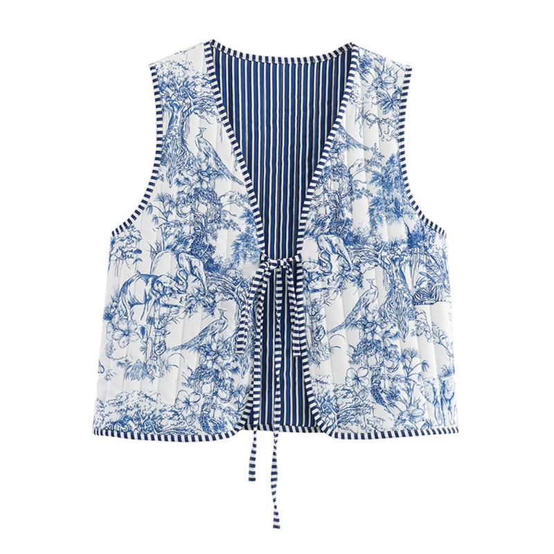 Women's Floral Quilted Puffer Vest Lightweight Sleeveless Open Front Cropped Padded Outwear Vest Tie Front Fall Waistcoat Party Streetwear