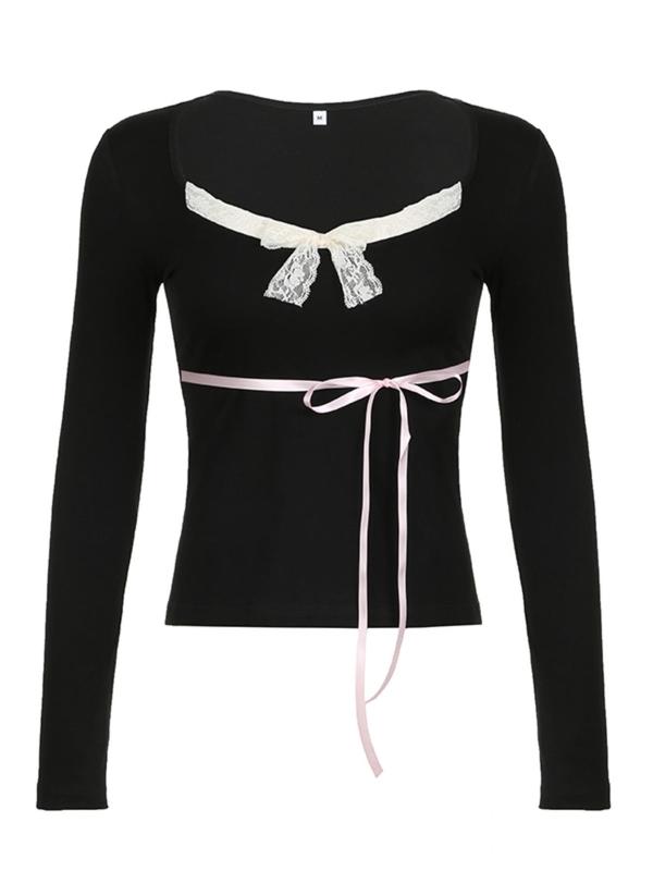 Women's Contrast Lace Bow Decor Tie Front Tee, Y2K Long Sleeve Sweetheart Neck T-Shirt, Basic Comfort Longsleeves Womenswear