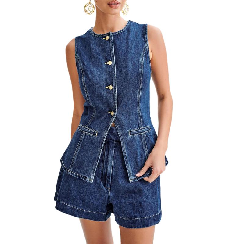 Women's Denim Long Vest Tops, Button-up Back Slit Sleeveless Pocket Round Neck Waistcoat, Casual Vest 2024, Ladies Top for Indoor Outdoor Wear, Ladies Clothes for Daily Wear