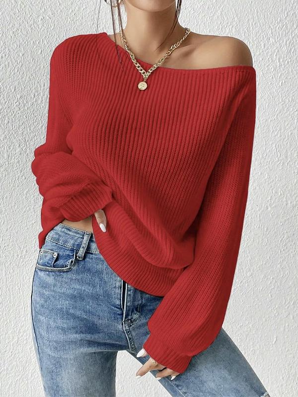 Women's Minimalist Solid Drop Shoulder Asymmetrical Neck Knit Tops, Lady Basic Casual Fit Fall Womenswear Long Sleeve Knitting Jumper, Crochet Tops, Women's Sweater Knitwear for Daily Wear Y2k