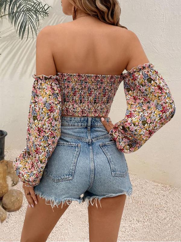 Women's Ditsy Floral Print Frill Shirred Off Shoulder Crop Blouse, Boho Flounce Sleeve Crop Top for Spring & Fall, Fall Clothing Women, Women's Clothes for Daily Vacation Outdoor, Comfort Womenswear, Summer Outfits 2024, Black Girl Outfits