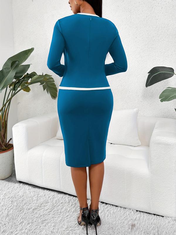 Women's Colorblock Contrast Binding 2 IN 1 Bodycon Dress, Dresses for Women, Elegant Long Sleeve Square Neck Knee Length Dress, Summer Clothes, Ladies Dresses for Work Office Business