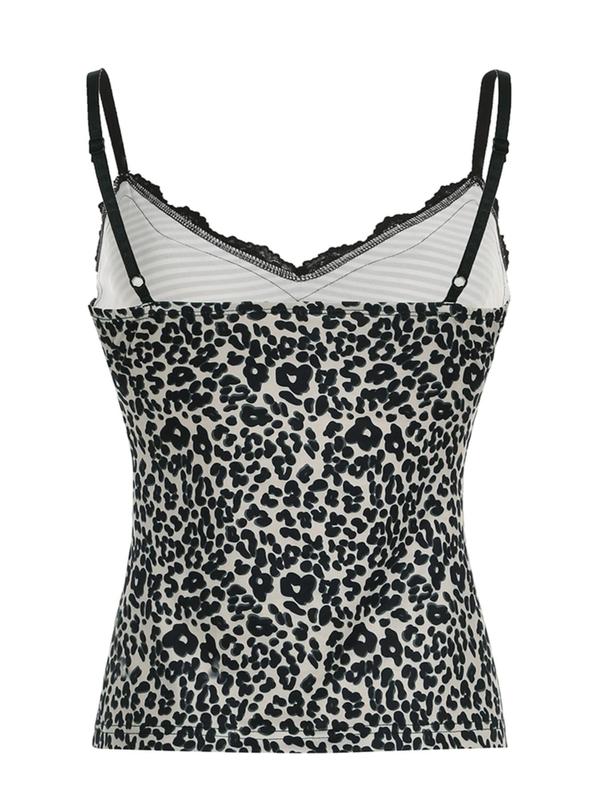 Women's Leopard Striped Print Contrast Lace Cami Top, Adjustable Strap Backless Crop Top for Daily Wear, Women's Clothing for Fall & Winter