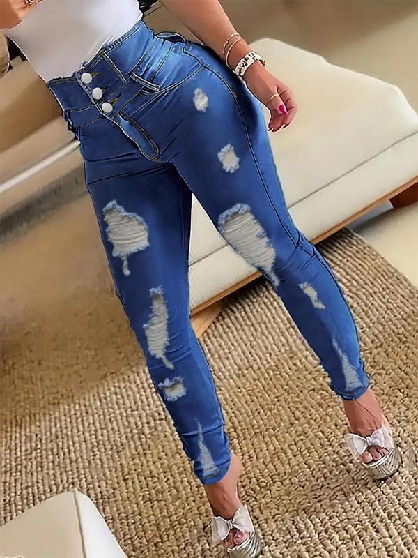 Women's Plain Ripped Button Fly Skinny Denim Jeans, Fashion Casual High Waist Pocket Design Jeans for Daily Outdoor Wear, Women Jeans, Ladies Bottoms for All Seasons High Waist Jeans