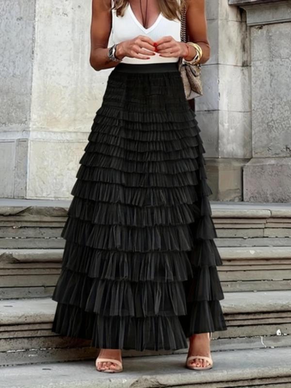  Solid Color Tiered Layer Tulle Skirt, Elegant Fashion Casual A Line Maxi Skirt for Daily Outdoor Wear, Women Clothing for All Seasons