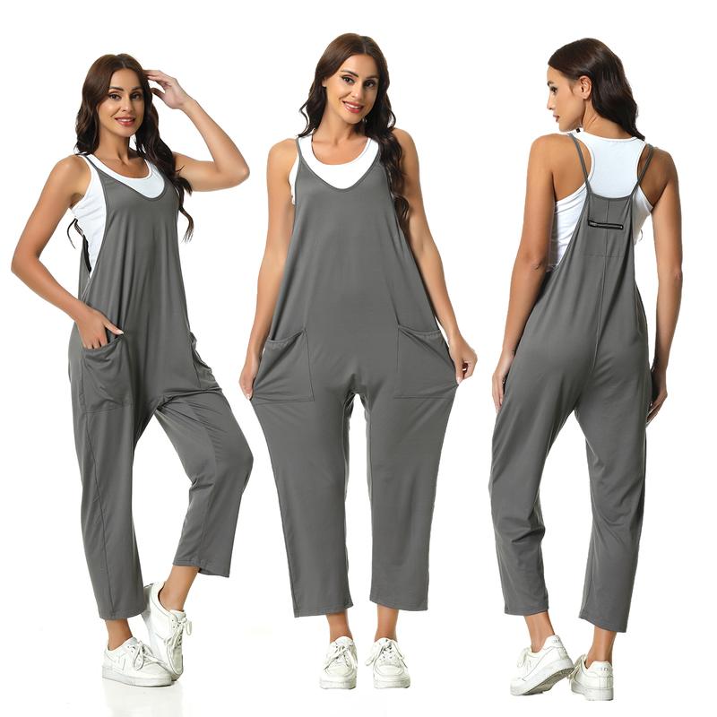 Women's Solid Sleeveless Overall Jumpsuit for Spring and Winter, Loose Fit Baggy Style with Pockets - Fabric, Cotton，Thanksgiving Gifts