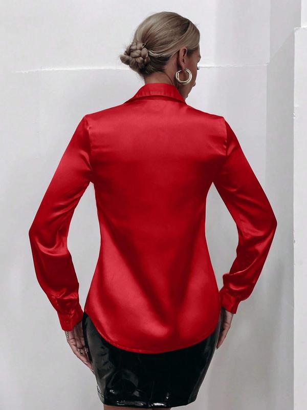 Women's Solid Button Front Satin Shirt, Elegant Long Sleeve Collared Top for Daily Wear, Ladies Clothes for All Seasons