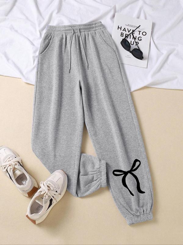 Women's Bow Print Drawstring Waist Sweatpants, Casual Pocket Jogger Pants for Daily Wear, Ladies Bottoms for Spring & Fall