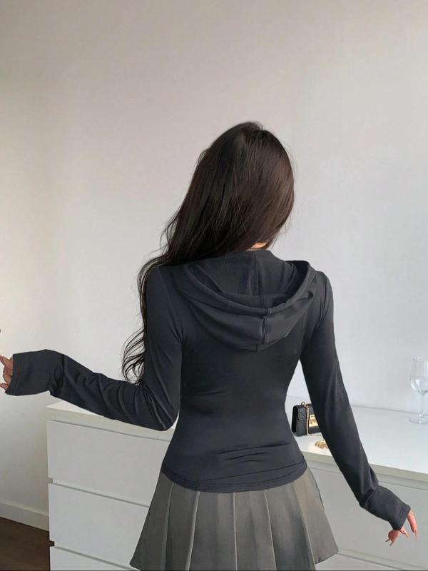 Women's Solid Color Drawstring Zip Up Hoodie, Casual Long Sleeve Pocket Hooded Sweatshirt for Spring & Fall, Women's Clothes for Daily Wear