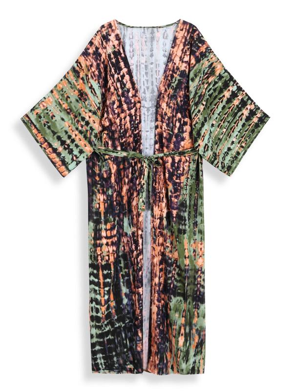 Women's All Over Print Belted Long Sleeve Kimono Robe, Casual Long Cover-up Robe for Beach Vacation, Ladies Clothes for All Seasons