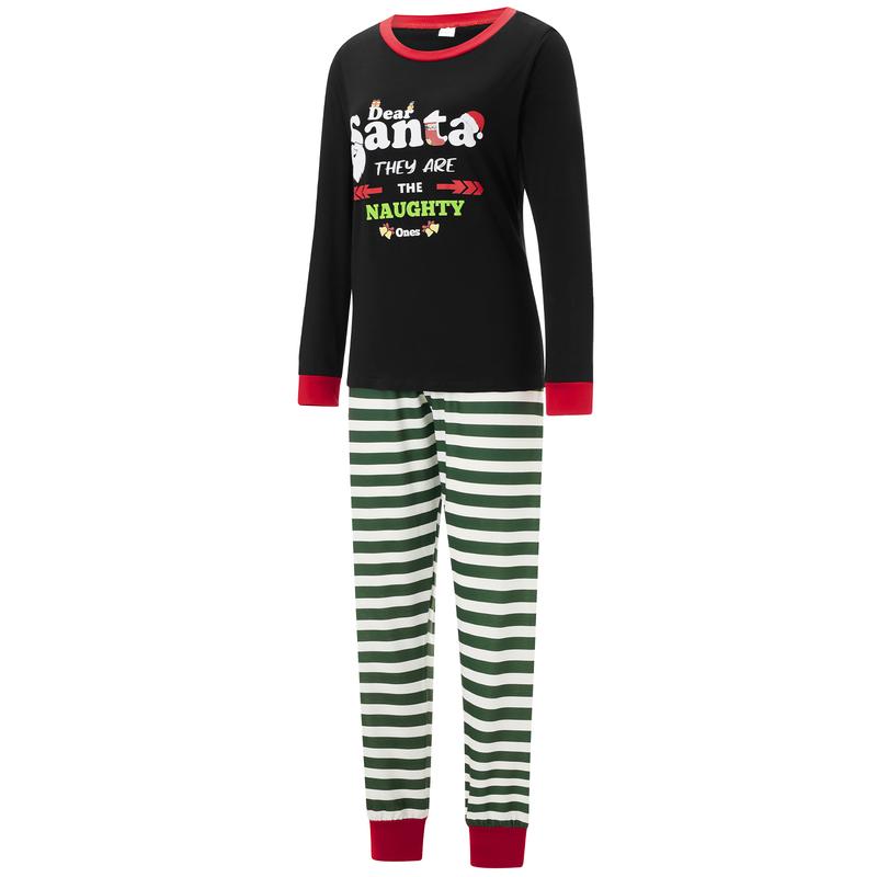 Christmas Family Pajamas Matching Set, Long Sleeve Letters Print T-shirt with Striped Pants Sleepwear Loungewear