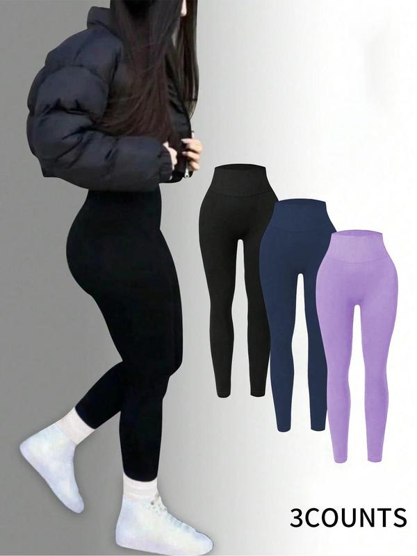 Women's Solid High Waist Thermal Lined Leggings, Casual Comfy High Stretch Skinny Pants for Daily Wear, Ladies Bottoms for All Seasons