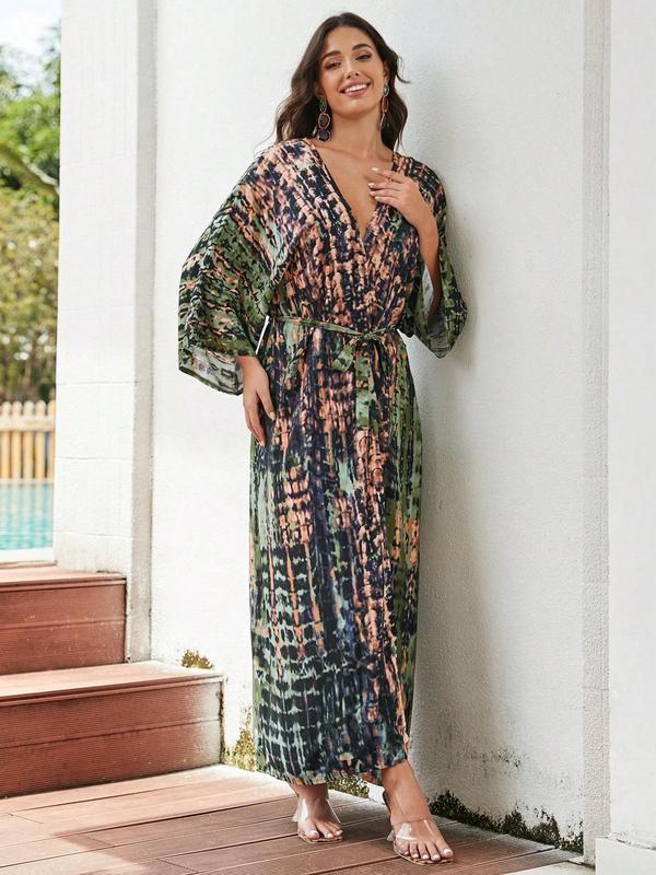 Women's All Over Print Belted Long Sleeve Kimono Robe, Casual Long Cover-up Robe for Beach Vacation, Ladies Clothes for All Seasons