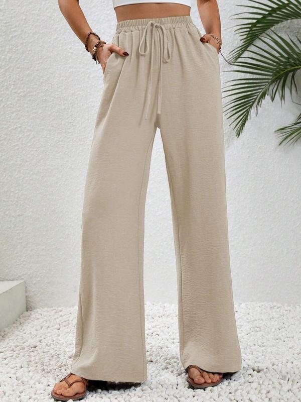 Women's Plain Pocket Tie Front Elastic Waist Straight Leg Pants, Casual High Waist Wide Leg Trousers for Daily Wear, Ladies Back To School Bottoms for All Seasons