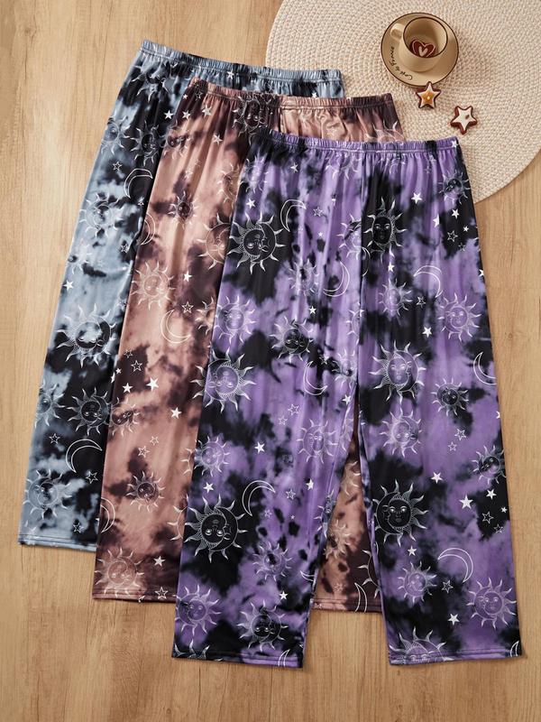  3 Counts Tie Dye & Galaxy Print Elastic Waist Sleep Pants, Casual Comfy Pajama Trousers for All Seasons, Women's Sleep Bottoms for Daily Home Wear, Pants for Women, Pajama Pants, Plus Size Clothes for Women