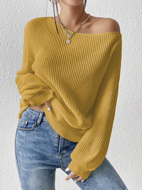 Women's Minimalist Solid Drop Shoulder Asymmetrical Neck Knit Tops, Lady Basic Casual Fit Fall Womenswear Long Sleeve Knitting Jumper, Crochet Tops, Women's Sweater Knitwear for Daily Wear Y2k