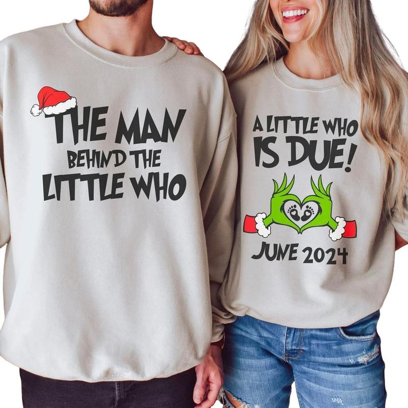 Personalized A Little Who Is Due Couple Sweatshirt, Mommy To Be Shirt, New Dad Shirt, Christmas Pregnancy Reveal Sweatshirt, Christmas Holiday Maternity Sweatshirt, Christmas Pregnant Shirt, Baby Reveal Xmas Party Shirt