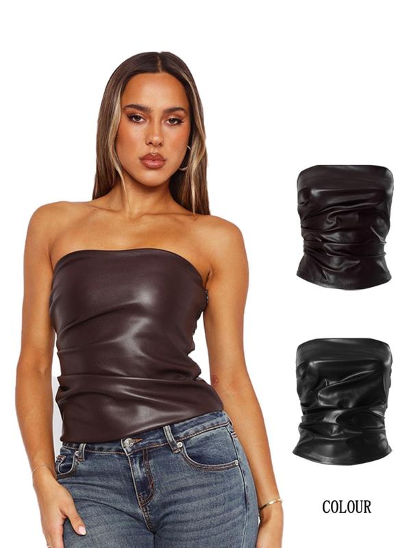 Women's Solid Color PU Leather Tube Top, Fashion Casual Strapless Top for Daily Outdoor Wear, Ladies Clothes for All Seasons