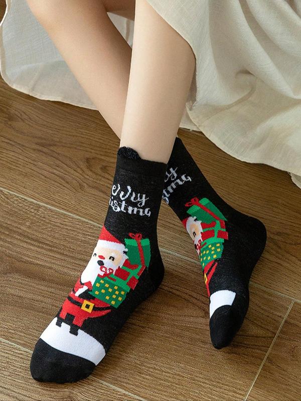 Random Women's Christmas Themed Crew Socks, Cute Cartoon Reindeer & Santa Claus Pattern Mid-calf Socks, Soft Comfy Breathable Socks for Fall & Winter