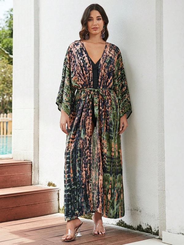 Women's All Over Print Belted Long Sleeve Kimono Robe, Casual Long Cover-up Robe for Beach Vacation, Ladies Clothes for All Seasons