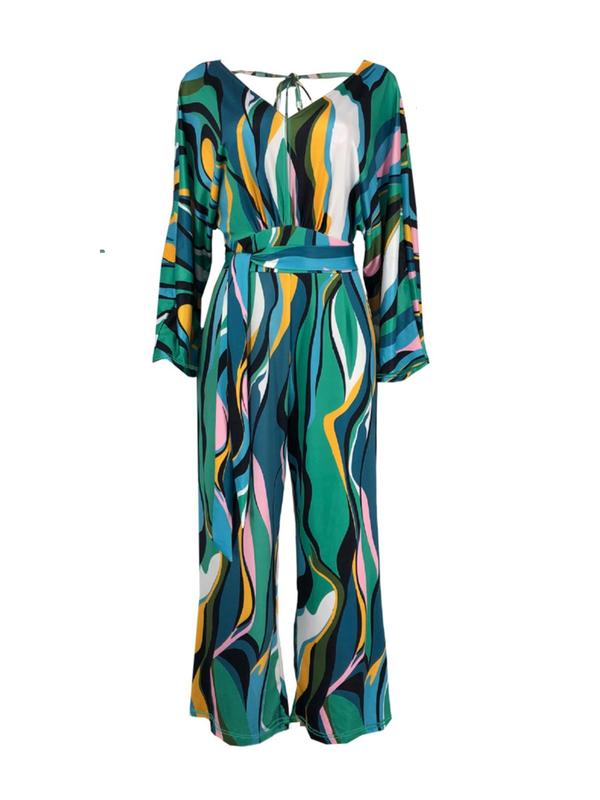 Women's Colorblock Print Belted Wrapped V Neck Wide Leg Jumpsuit, Casual Long Sleeve Tie Back Jumpsuit for Summer, Fashion Ladies' Clothes