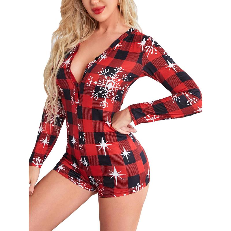 Women Christmas Printed Pattern Pajama, V-neck Long Sleeve Playsuit Loungewear Nightwear Soft Pjs Two-Piece Sleepwear Black Friday Womenswear Comfortable