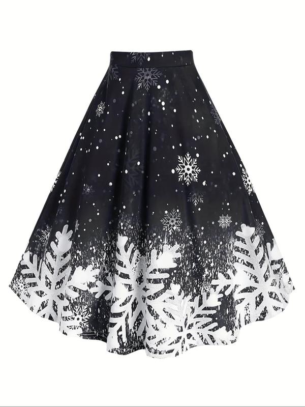  Colorblock Snowflake Print A Line Skirt, Casual Fashion Midi Skirt for Daily Outdoor Wear, Women Clothing for Fall & Winter