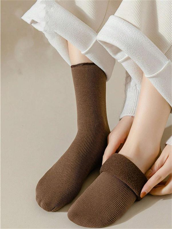 5 Pairs Women's Thickened Mid-calf Thermal Snow Socks With Straight Patterns, Winter