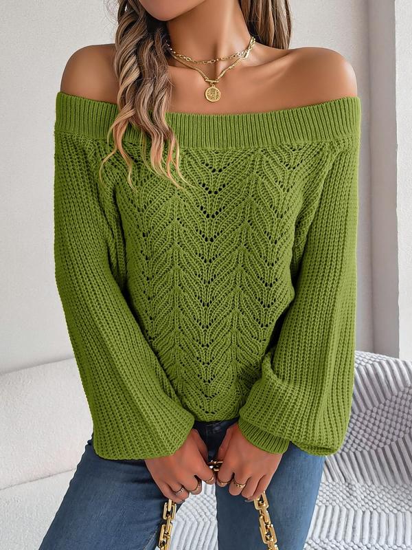 Women's Plain Hollow Out Lantern Sleeve Sweater, Casual Off Shoulder Long Sleeve Jumper For Fall & Winter, Women's Knitwear Top For Daily Wear