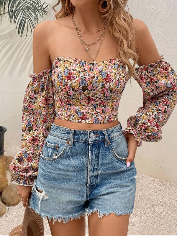 Women's Ditsy Floral Print Frill Shirred Off Shoulder Crop Blouse, Boho Flounce Sleeve Crop Top for Spring & Fall, Fall Clothing Women, Women's Clothes for Daily Vacation Outdoor, Comfort Womenswear, Summer Outfits 2024, Black Girl Outfits