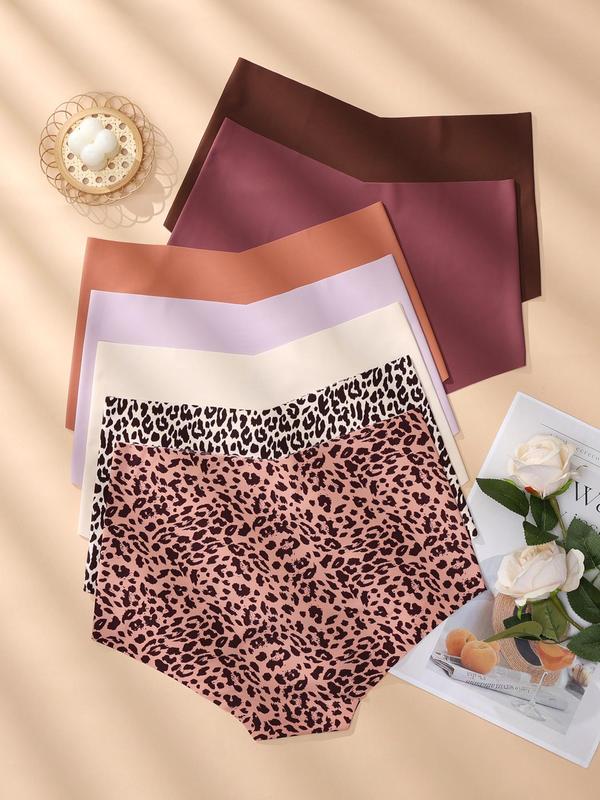 Women's Solid & Leopard Print High Waist Knicker, Soft Comfy Breathable Seamless Panty for Daily Wear, Underwear for All Seasons, Fall Clothes 2024