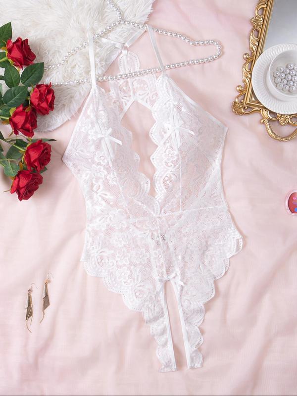 Women's Floral Lace Backless Heart Decor Cami Bodysuit, Sexy Hollow Out Scallop Trim Bowknot Decor Bodysuit for Women, Ladies Underwear for All Seasons