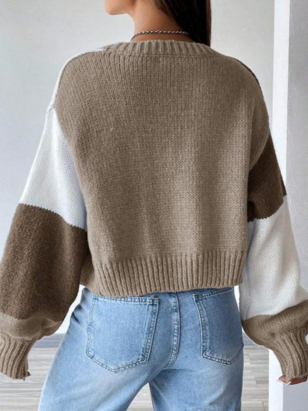 Women's Patchwork Drop Shoulder Crop Cardigan, Fall Outfits, Casual Bishop Sleeve Open Front Knitwear for Fall, Fashion Women's Knit Clothing for Daily Wear, Fall Clothing, Downtown Girl Clothes