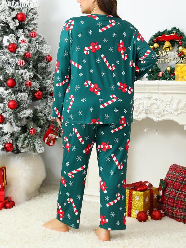  Two-Piece Set Christmas Print Long Sleeve Tee & Pants Pyjama, Casual Comfy Round Neck Top & Trousers PJ Set, Women's Sleepwear for Fall & Winter