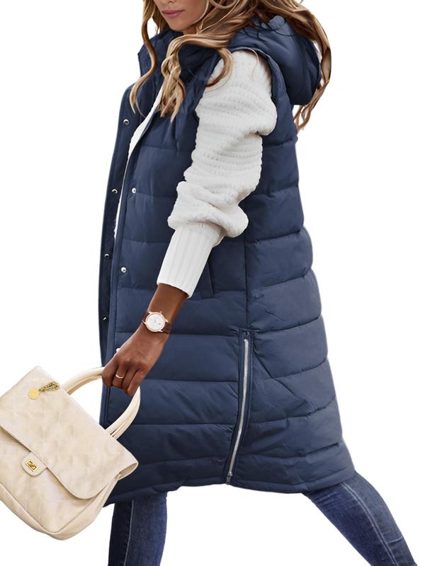 Women's Solid Button Front Hooded Vest Winter Coat, Casual Zipper Design Pocket Design Sleeveless Hooded Outerwear for Fall & Winter, Jackets for Women, Winter Clothes Women, Women's Tops Clothing for Daily Wear