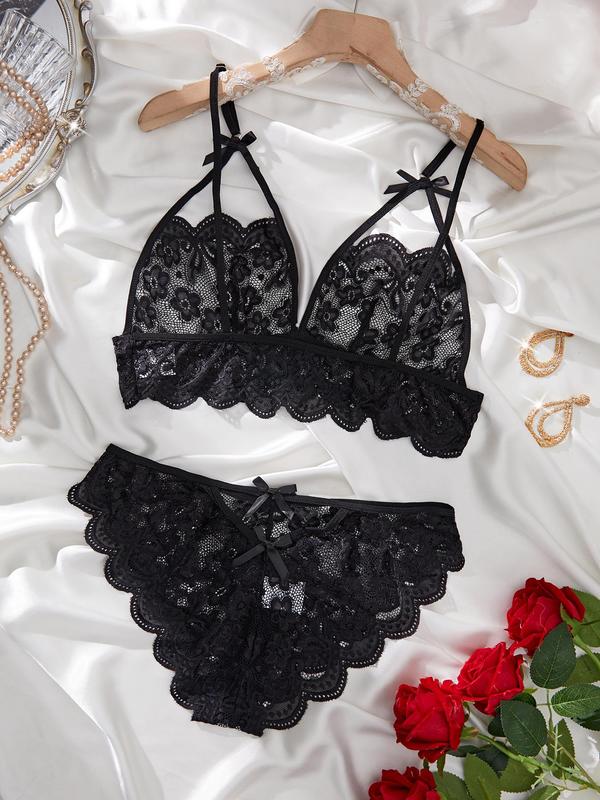 Plus Size Floral Lace Sheer Sexy Lingerie Two-piece Set, Backless Bow Decor Cut Out Bra & Scallop Panty Set, Women's Lingerie Set for All Seasons