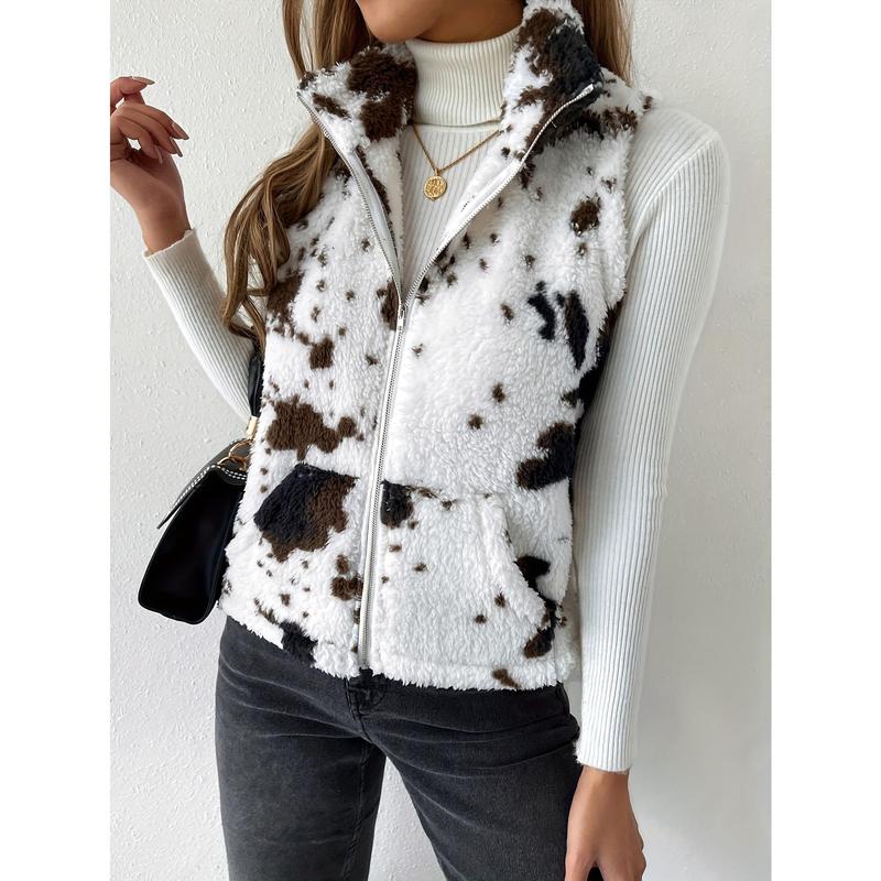 Cozy Cow Pattern Plush Vest Jacket - Soft, Warm, and Casual Sleeveless Gilet with Slant Pockets for Winter & Fall - Women's Fashion Clothing for Everyday Wear