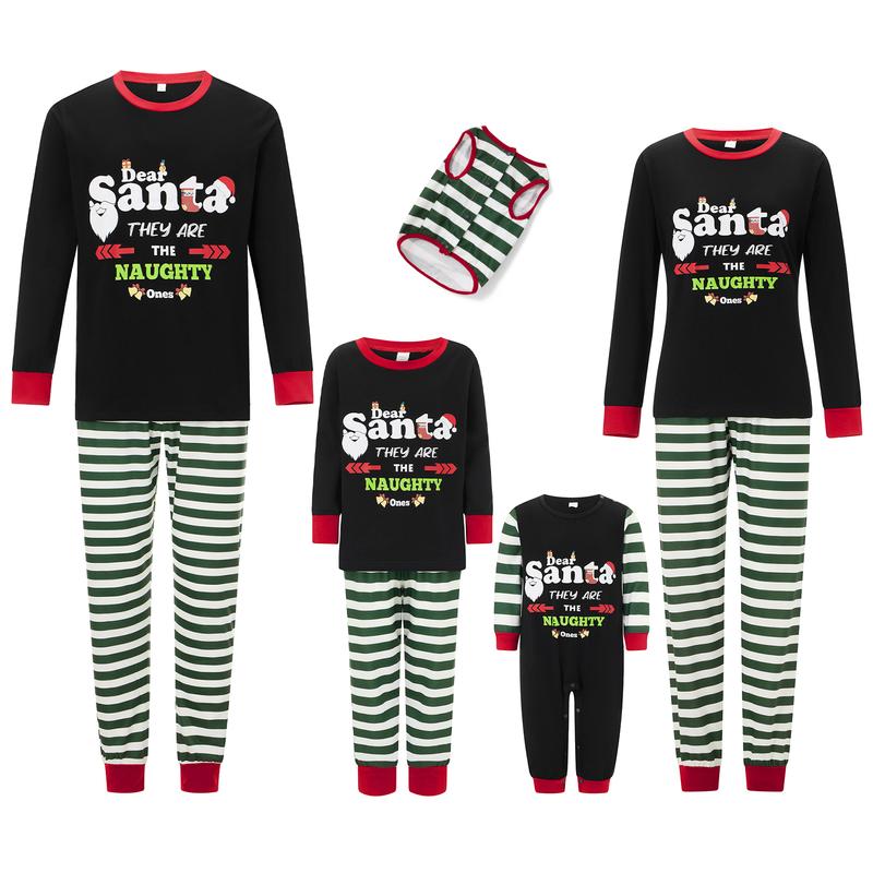 Christmas Family Pajamas Matching Set, Long Sleeve Letters Print T-shirt with Striped Pants Sleepwear Loungewear