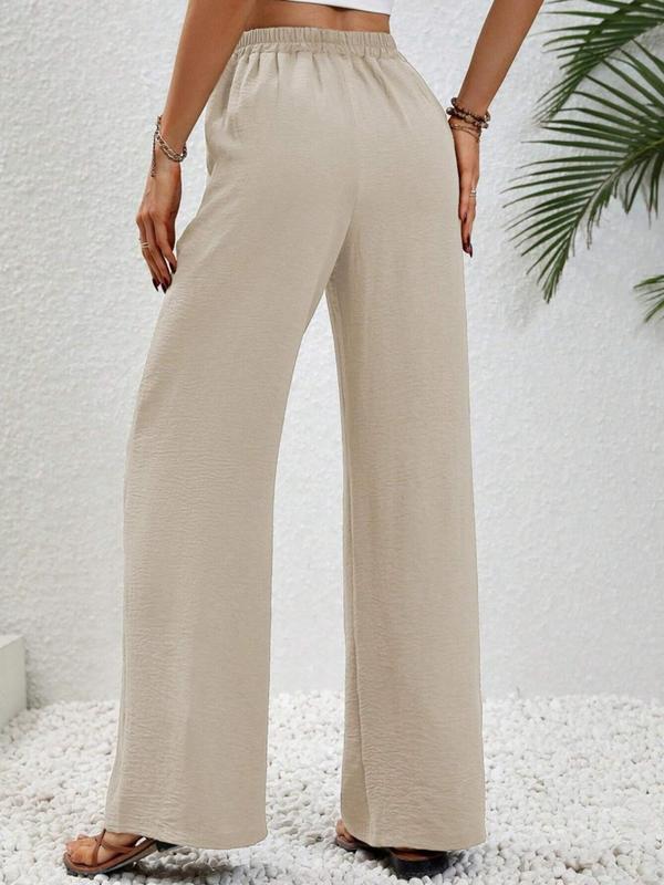 Women's Plain Pocket Tie Front Elastic Waist Straight Leg Pants, Casual High Waist Wide Leg Trousers for Daily Wear, Ladies Back To School Bottoms for All Seasons