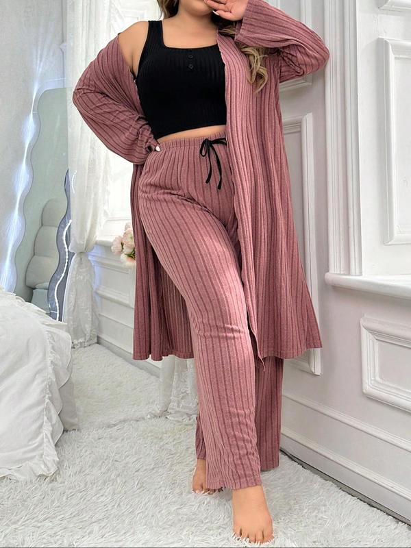  Three-Piece Set Solid Scoop Neck Crop Top & Drawstring Waist Pants & Open Front Long Sleeve Outwear Loungewear Set, Casual Comfy Pyjama Set for Women, Women's Sleepwear for All Seasons