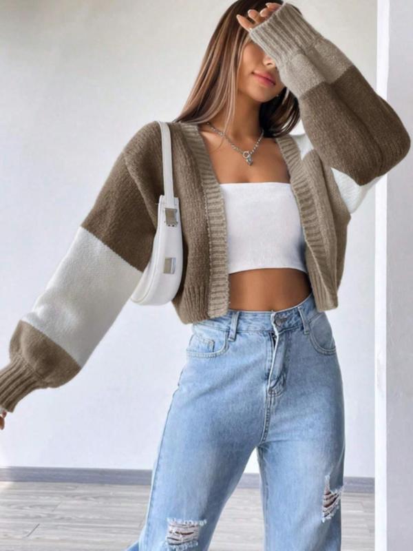 Women's Patchwork Drop Shoulder Crop Cardigan, Fall Outfits, Casual Bishop Sleeve Open Front Knitwear for Fall, Fashion Women's Knit Clothing for Daily Wear, Fall Clothing, Downtown Girl Clothes